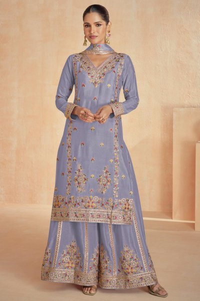 Lilac Chinon Silk Embroidered Sharara Kurta Set