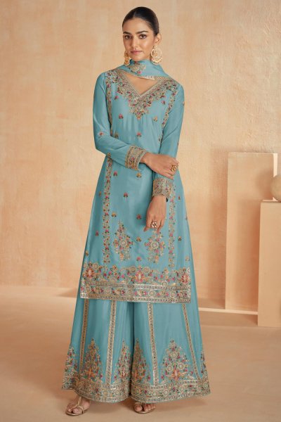 Turquoise Chinon Silk Embroidered Sharara Kurta Set