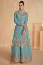 Turquoise Chinon Silk Embroidered Sharara Kurta Set