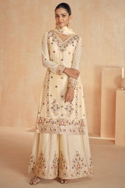 Ivory Chinon Silk Embroidered Sharara Kurta Set