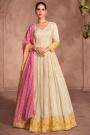 Ivory & Yellow Jacquard Silk Embroidered Anarkali With Bandhani Dupatta