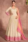 Ivory & Pink Jacquard Silk Embroidered Anarkali With Bandhani Dupatta