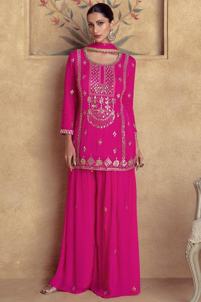 Magenta Pink Chinon Silk Embroidered Kurta Set