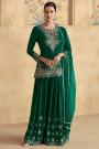 Dark Green Chinon Silk Embroidered Kurta Set With Sharara