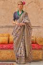 Ivory & Navy Blue Patola Print Silk Saree With Stone Work