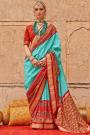 Turquoise & Red Patola Print Silk Saree With Stone Work