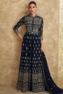 Navy Blue Georgette Embroidered Indowestern Front Slit Dress