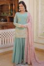 Mint Georgette Embroidered Sharara Kurta Set