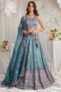 Prussian Blue Organza Silk Embroidered Lehenga Set With Belt