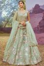 Mint Green Organza Silk Embroidered Lehenga Set With Belt