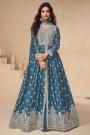 Prussian Blue Chinon Silk Embroidered Anarkali With Skirt