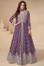 Plum Purple Chinon Silk Embroidered Anarkali With Skirt