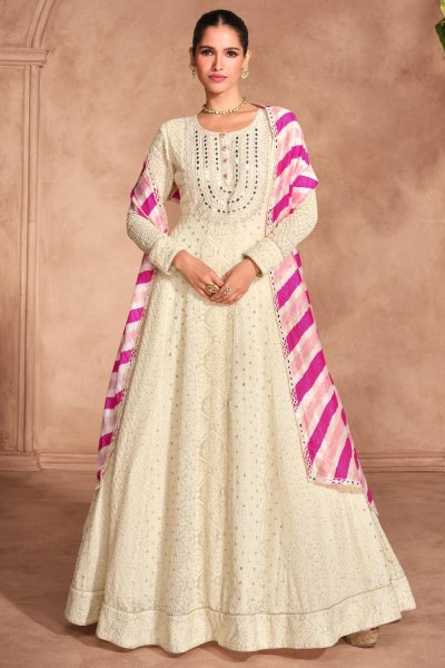 Ivory Georgette Anarkali Dress With Dupatta