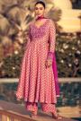 Magenta Pink Chinon Silk Printed & Embroidered Anarkali Set