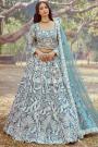 Teal Blue Satin Embroidered Lehenga Set With Belt