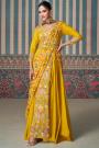 Mustard Chinon Silk Embroidered & Printed Draped Style Anarkali Dress  With Belt