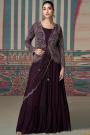 Plum Chinon Silk Embroidered Draped Style Anarkali Dress With Jacket