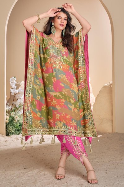 Multicolor Crepe Silk Printed & Embroidered Indowestern Kaftan Kurta With Dhoti Pant