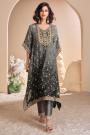 Grey & Black Crepe Silk Printed & Embroidered Indowestern Kaftan Kurta With Pants