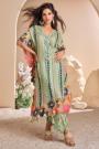 Sage Green Organza Silk Printed & Embroidered Indowestern Kaftan Kurta With Dhoti Pant