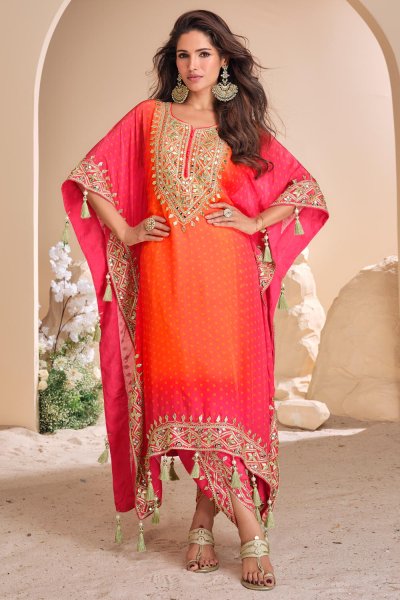 Coral Organza Silk Printed & Embroidered Indowestern Kaftan Kurta With Dhoti Pant