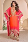 Coral Organza Silk Printed & Embroidered Indowestern Kaftan Kurta With Dhoti Pant