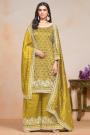 Mustard Green Embroidered Crush Organza Silk Kurta Set