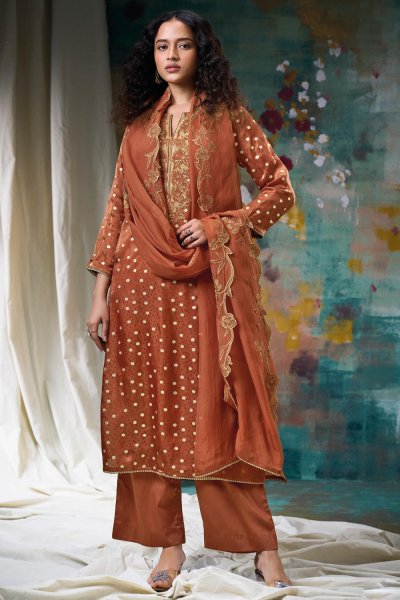 Burnt Orange Soft Jacquard Silk Hand Embroidered Kurta Set