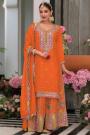 Orange Chinon Silk Embroidered Kurta Set