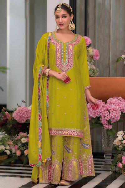 Lemon Green Chinon Silk Embroidered Kurta Set