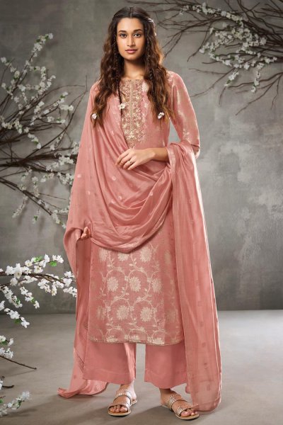 Elegant Peach Pink Soft Jacquard Silk Hand Embroidered Kurta Set