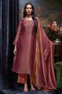 Old Rose Pink Soft Jacquard Silk Hand Embroidered A-Line Kurta Set