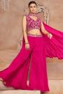 Fuchsia Pink Chinon Silk Embroidered 3 Piece Indowestern Set