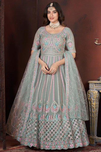 Sage Green Net Embroidered Anarkali Dress With Dupatta