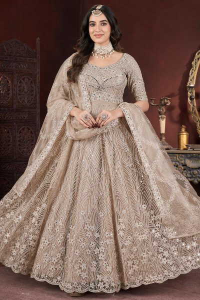 Beige Net Embroidered Anarkali Dress With Dupatta