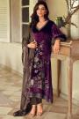 Plum & Taupe Velvet Embroidered & Applique Work Kurta Set With Resham Embroidered Silk Dupatta