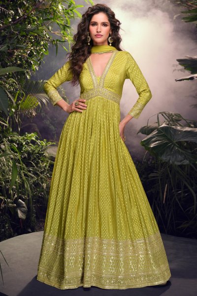 Apple Green Soft jacquard Silk Embroidered Anarkali Dress With Dupatta