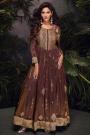 Plum Brown Soft jacquard Silk Embroidered Anarkali Dress With Dupatta