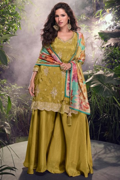 Mustard Green Chinon Silk Embroidered Sharara Kurta Set