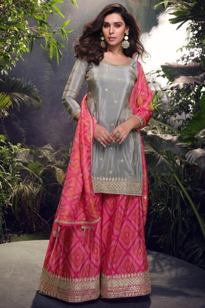 Grey & Pink Chinon Silk Embroidered Sharara Kurta Set