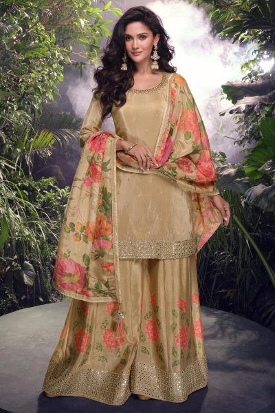 Beige Gold Chinon Silk Embroidered Sharara Kurta Set