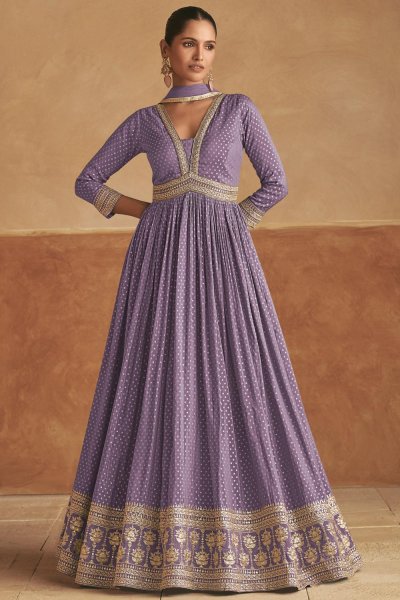 Lilac Silk Printed & Embroidered Anarkali Dress With Dupatta