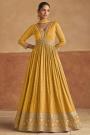 Yellow Silk Printed & Embroidered Anarkali Dress With Dupatta