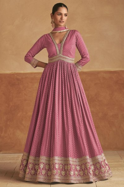 Pink Silk Printed & Embroidered Anarkali Dress With Dupatta