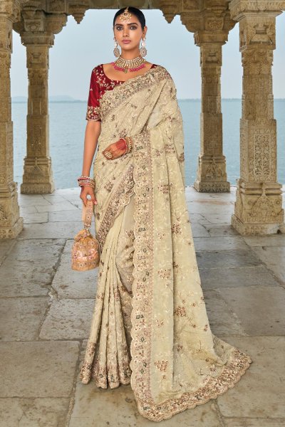 Vanilla Banarasi Silk Woven & Embroidered Saree