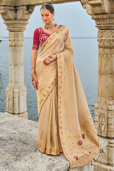 Cream Kanjivaram Silk Woven & Embroidered Saree