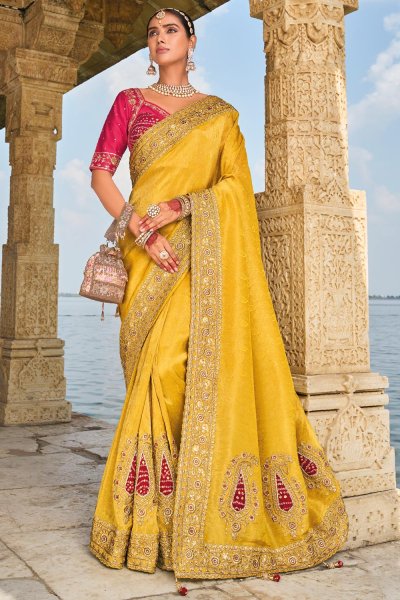 Yellow Crepe Jacquard Embroidered Saree