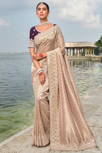 Light Peach Kanjivaram Silk  Embroidered Saree