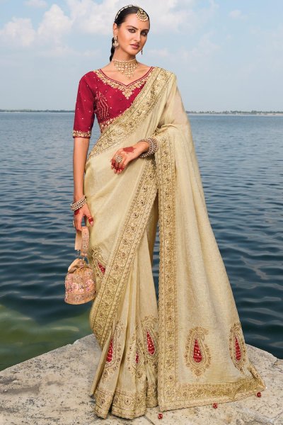 Ivory Crepe Jacquard Embroidered Saree