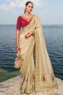 Ivory Crepe Jacquard Embroidered Saree